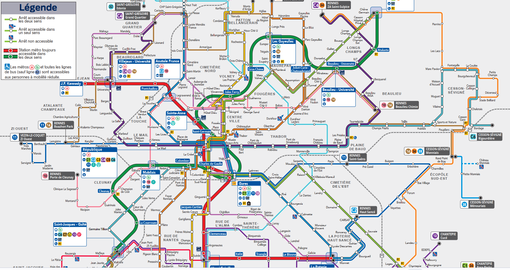 Plan de Metro et de bus de la Ville de Rennes