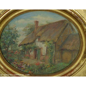 Photo d un tableau représentant une ferme.
Au dos du tableau : "Peinture faite pour...Madame Berchon, sa propriété de St Ouen de Pontcheuil. Année 1925".