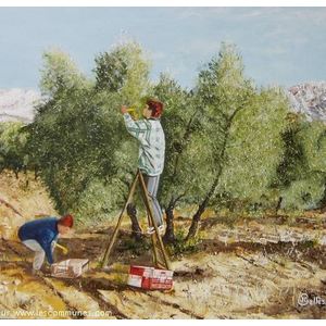 La cueillette des Olives à Aureille, route d Eygalières. Peinture de Jean-Claude SELLES BROTONS.