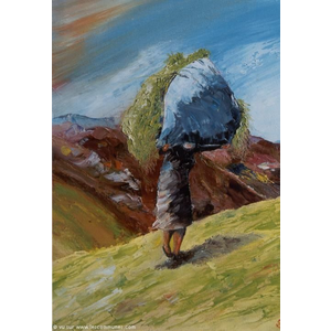 Travail dans les champs, femme au foin. Peinture de Jean-Claude SELLES BROTONS