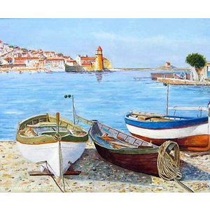 Barques catalanes et le phare de Collioure. Peinture de Jean-Claude SELLES BROTONS.