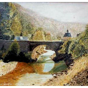 Pont sur le Gave d Aspe à Sarrance. Peinture au c...