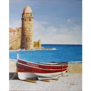 Barques catalanes et le phare de Collioure. Peinture de Jean-Claude SELLES BROTONS.